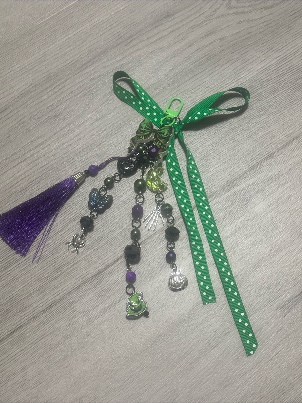 Handmade Green & Purple Oogie Boogie Bag Charm with Ribbon